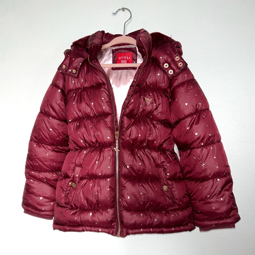 GUESS Maroon Girls Jacket Hooded Fur Puffer with Rose Gold foil‎ hearts size 6
